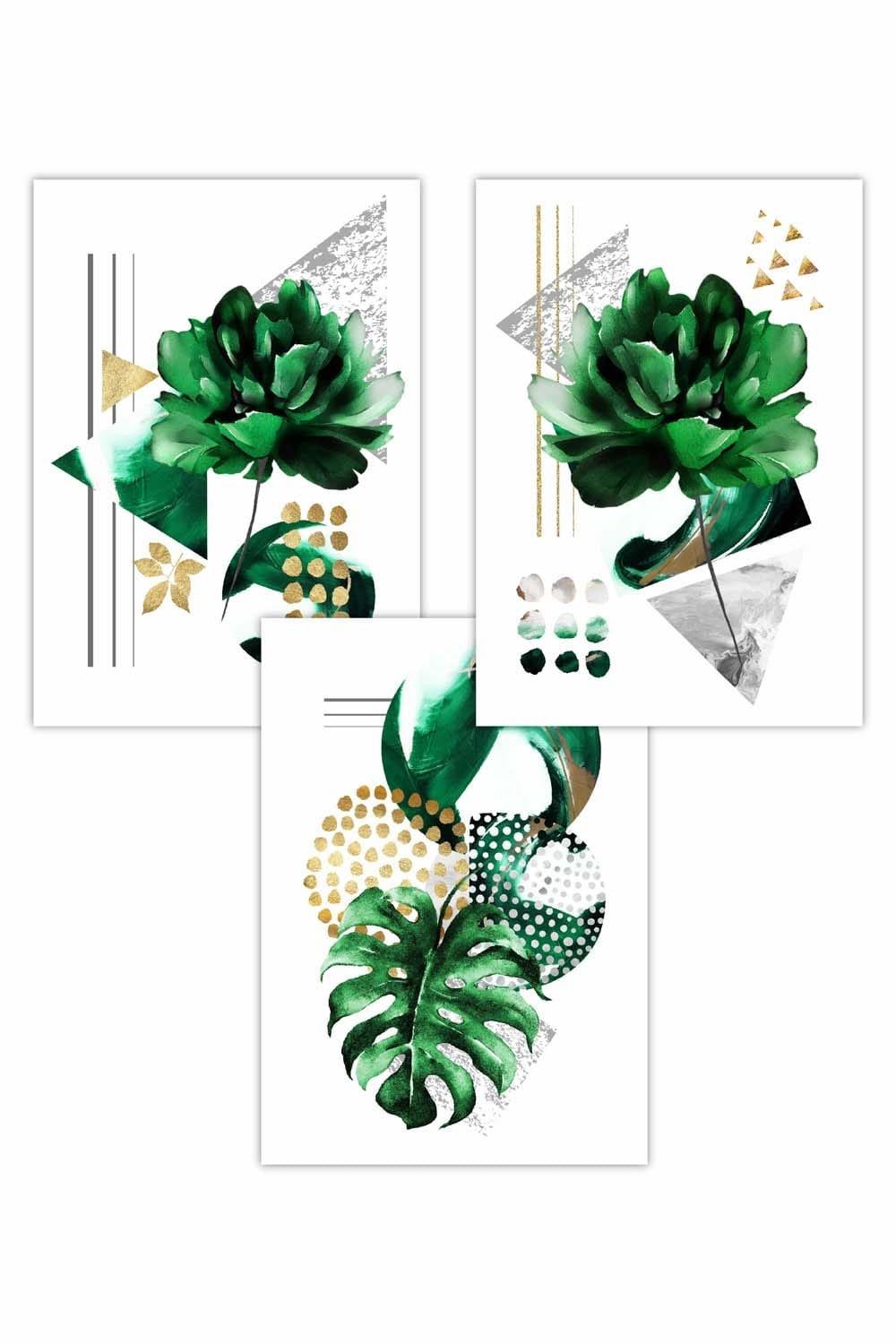 Set of 3 Abstract Green Gold Botanical Art Posters